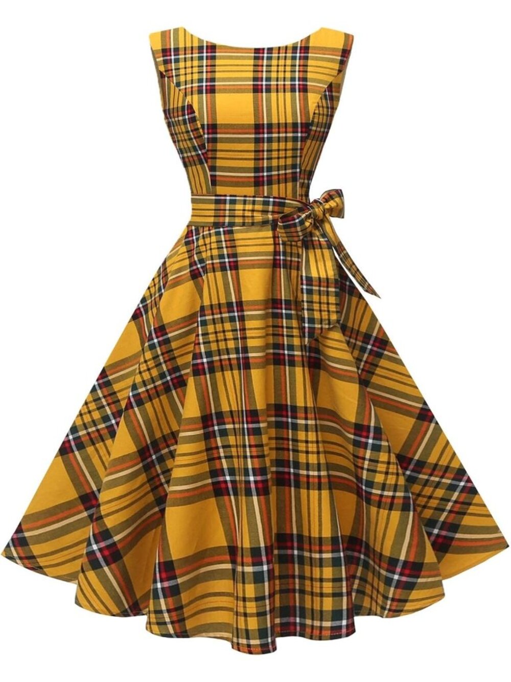 Women's Gold Plaid Boat Neck Sleeveless Western Zipper Cocktail Maxi Dress